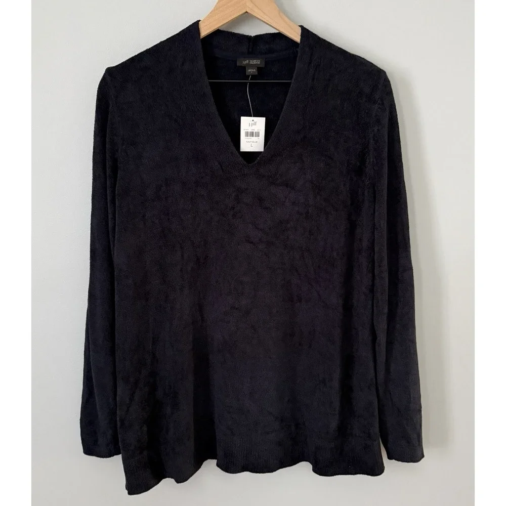 J. Jill Wearever Tunic V-neck Sweater Size L Plush Terry Knit Navy‎ Blue NWT
